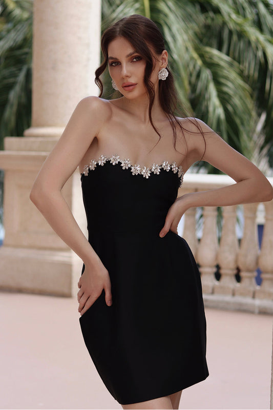 Emryn Black Strapless Embellished Mini Bandage Dress